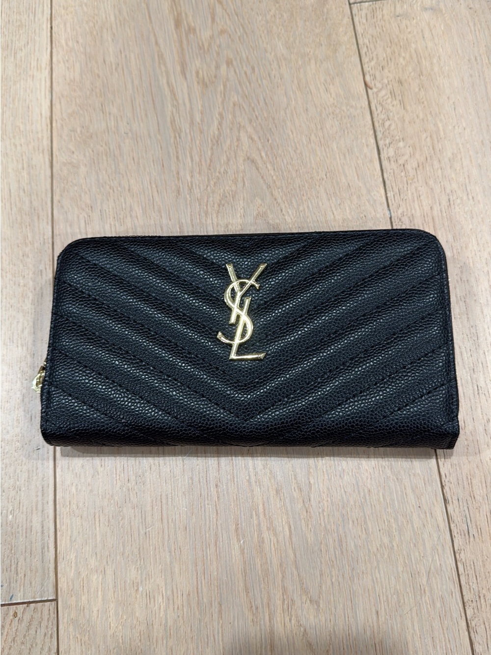 Black chevron quilted wallet with ysl gold letters